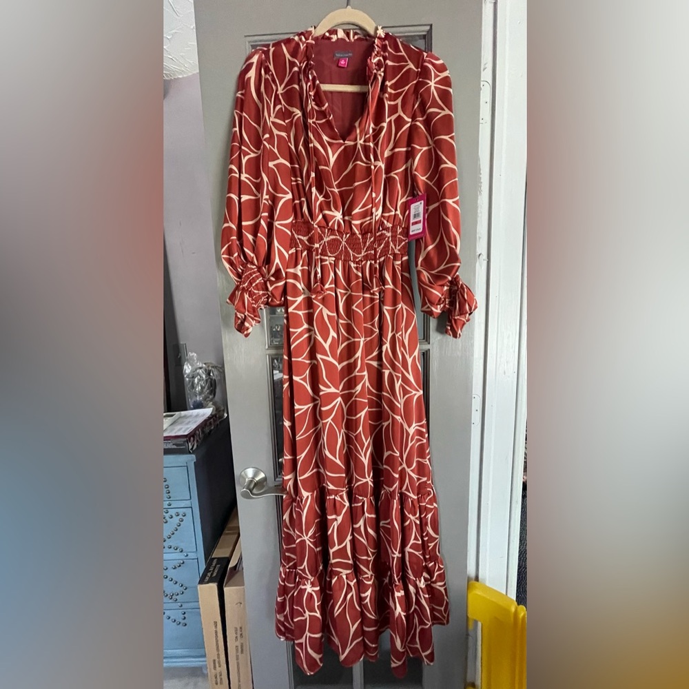 Vince Camuto Terracotta Leaf Print Long Sleeve Dress